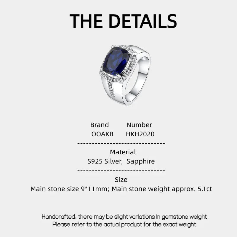 Silver Plated Platinum Sapphire Men's Ring 5.1ct - OOAKB