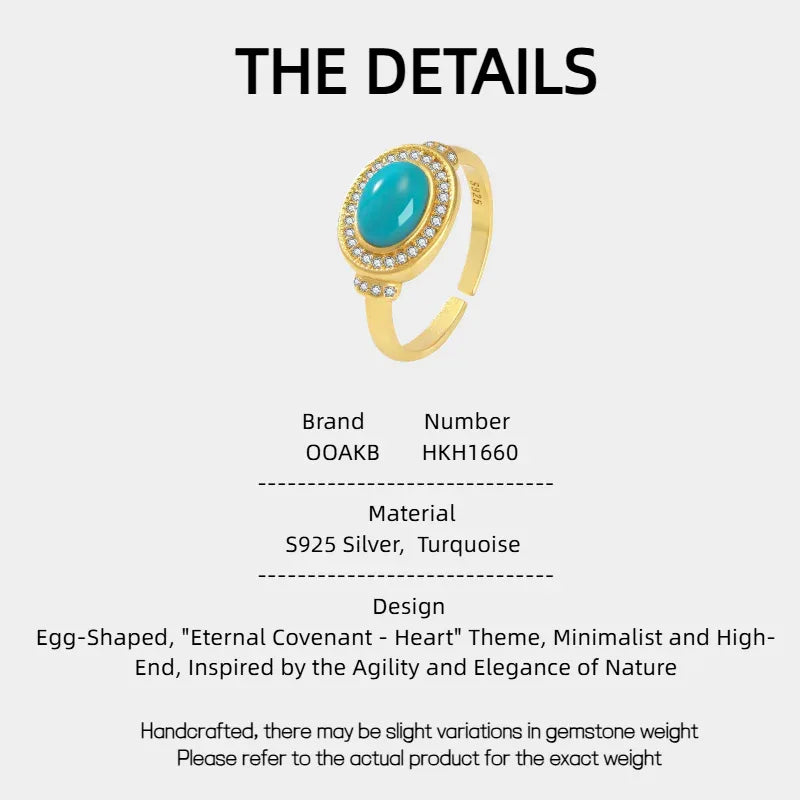 Turquoise Egg-Shaped S925 Silver Open Ring - OOAKB