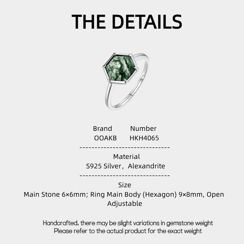 Hexagonal Geometric Moss Agate Open Ring