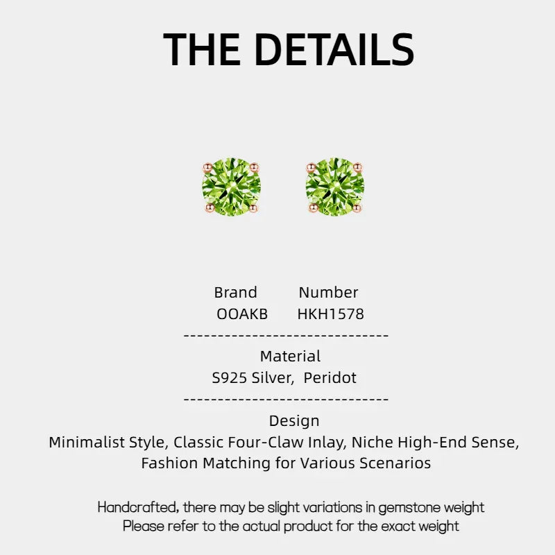 Natural Peridot Minimalist Four-Claw Luxury Silver Earrings - OOAKB
