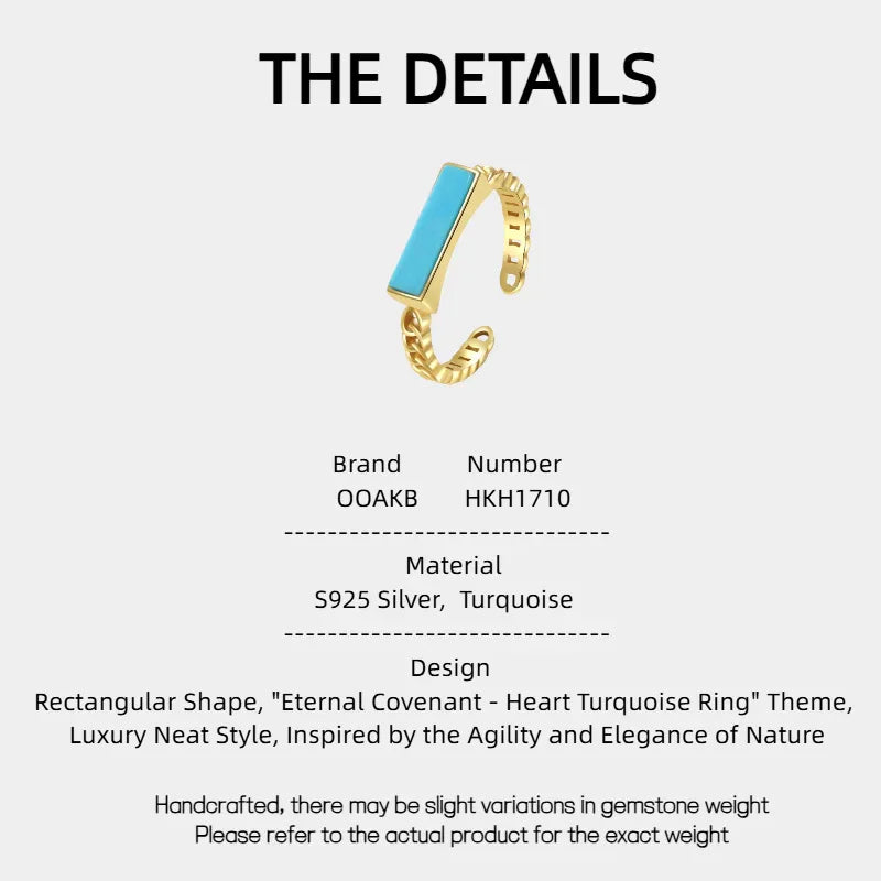 Turquoise Rectangular S925 Silver Open Ring - OOAKB