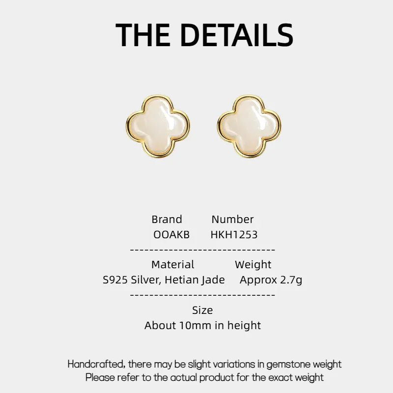 3D Lucky Clover Hetian Jade Stud Earrings S925 Silver Women's Style - OOAKB