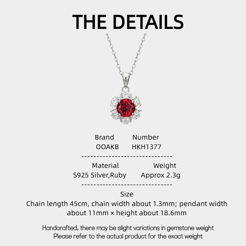 S925 Silver Pigeon Blood Ruby Flower Necklace Women's Style