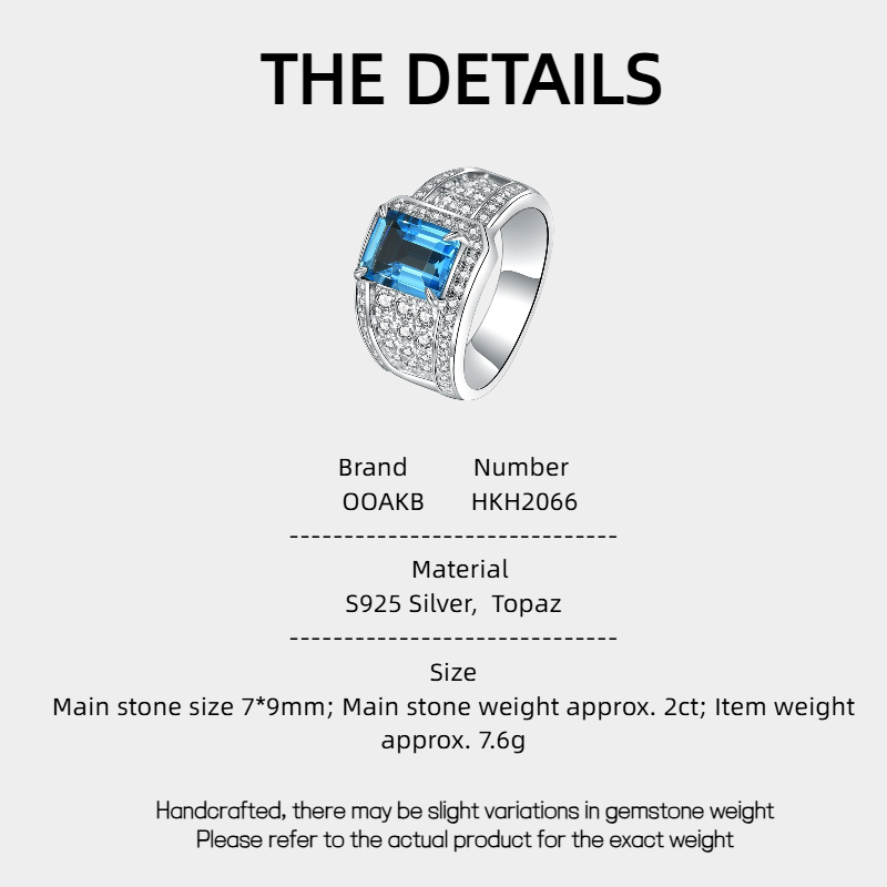 S925 Silver Topaz Men's Ring 2ct