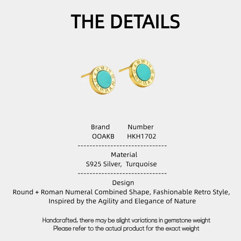 Natural Turquoise Roman Numeral Round Earrings - OOAKB