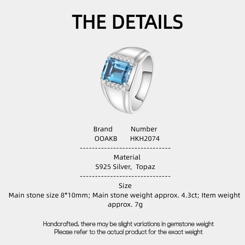 Silver Topaz Men's Ring Hollow Inlaid Zircons 4.3ct - OOAKB