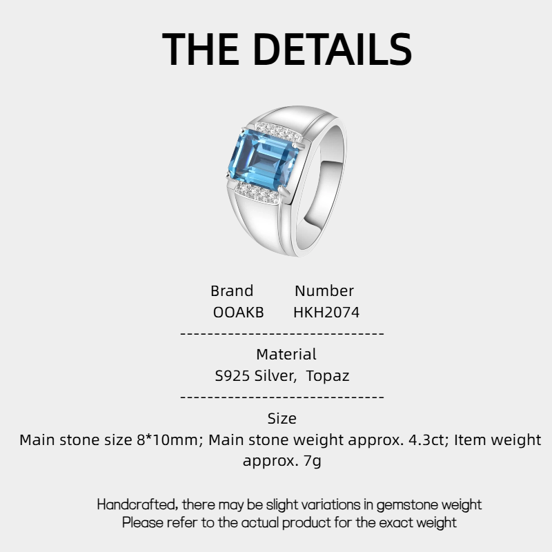 Silver Topaz Men's Ring Hollow Inlaid Zircons 4.3ct