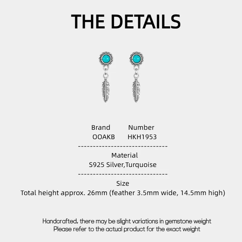 S925 Silver Antiqued Feather Turquoise Earrings - OOAKB
