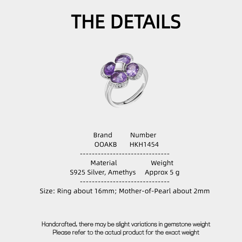 Lucky Clover Series Natural Amethyst Four-Leaf Clover S925 Silver Ring