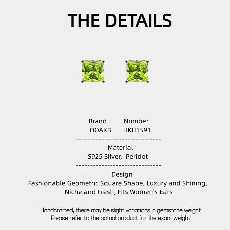 Natural Peridot Geometric Square Luxury Silver Earrings - OOAKB