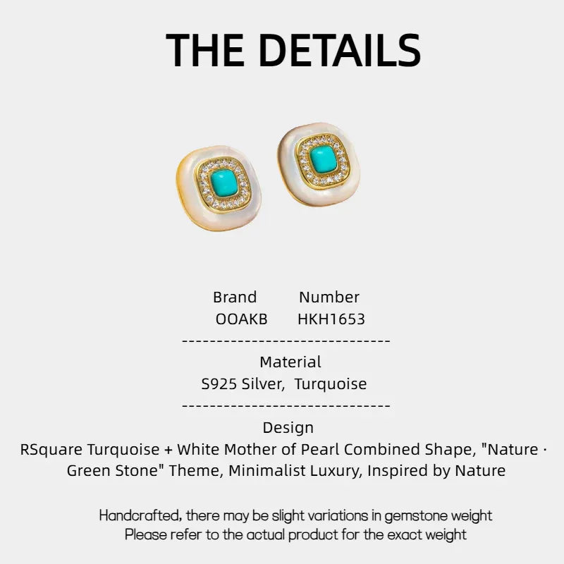Turquoise Square White Mother of Pearl S925 Silver Earrings - OOAKB