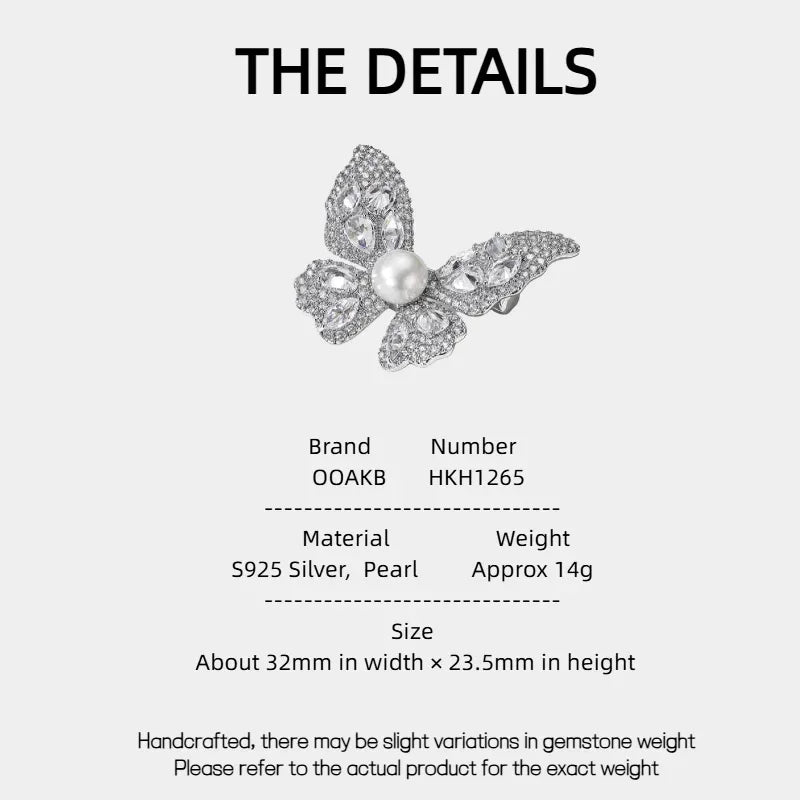 Freshwater Pearl Full-Diamond Butterfly Brooch S925 Silver Women's Style - OOAKB