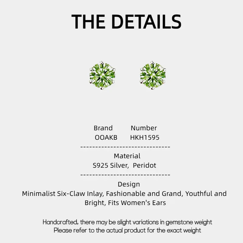 Natural Peridot Minimalist Six-Claw Youthful Silver Earrings - OOAKB