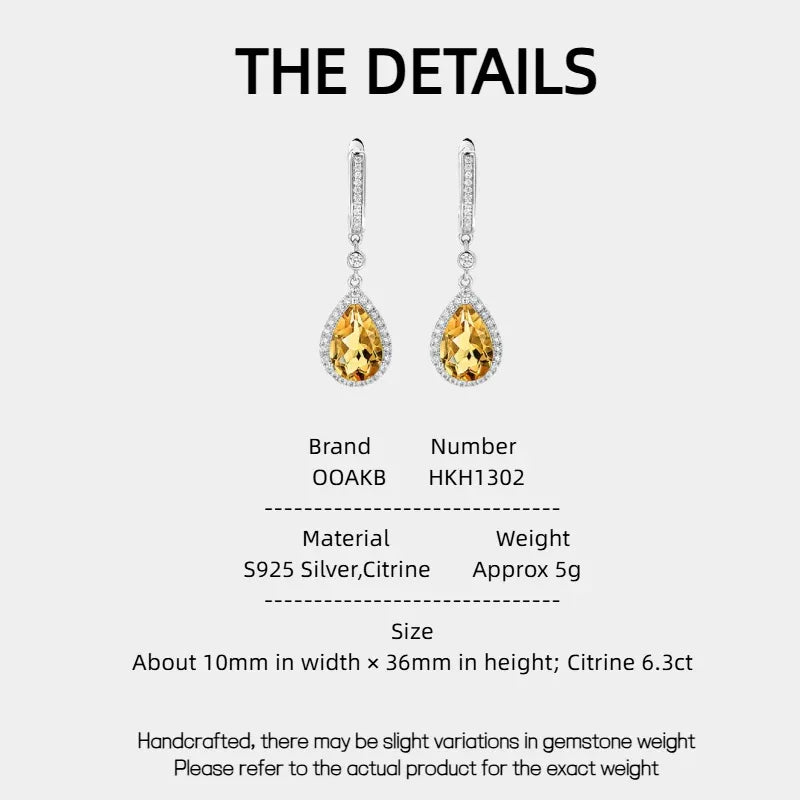 Citrine Teardrop Earrings S925 Silver Women's - OOAKB