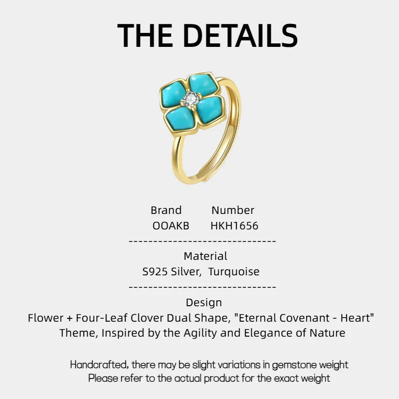 Turquoise Flower Four-Leaf Clover Open Ring - OOAKB