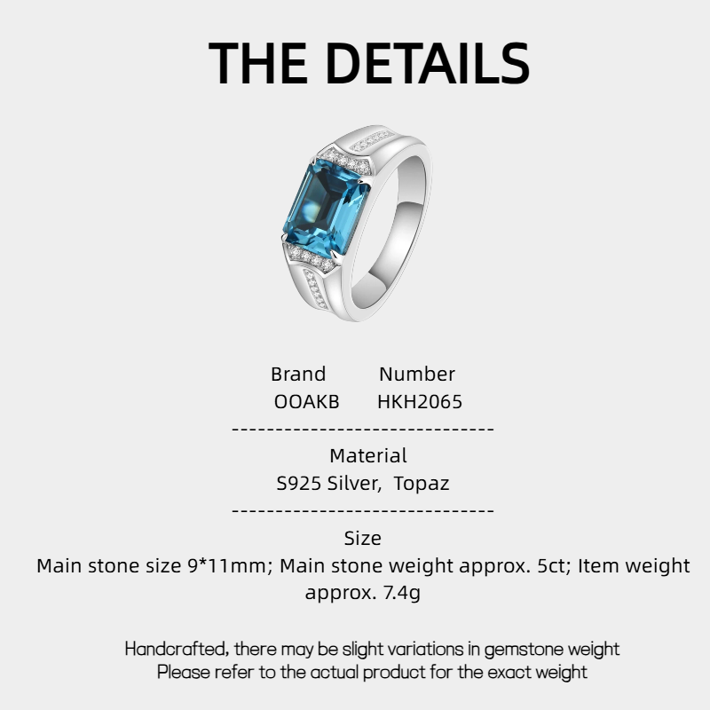 S925 Silver Topaz Men's Ring  5ct