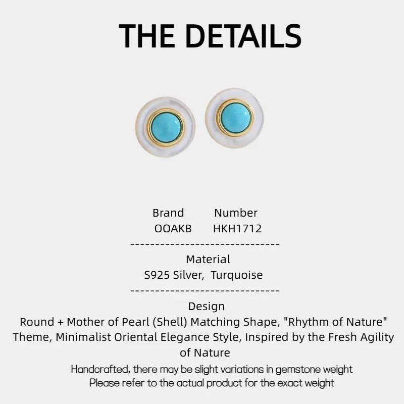 Turquoise Round Mother of Pearl S925 Silver Earrings - OOAKB
