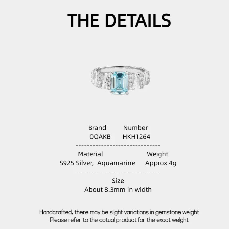 Sea Blue Square Sugar Aquamarine Ring S925 Silver Women's Style - OOAKB