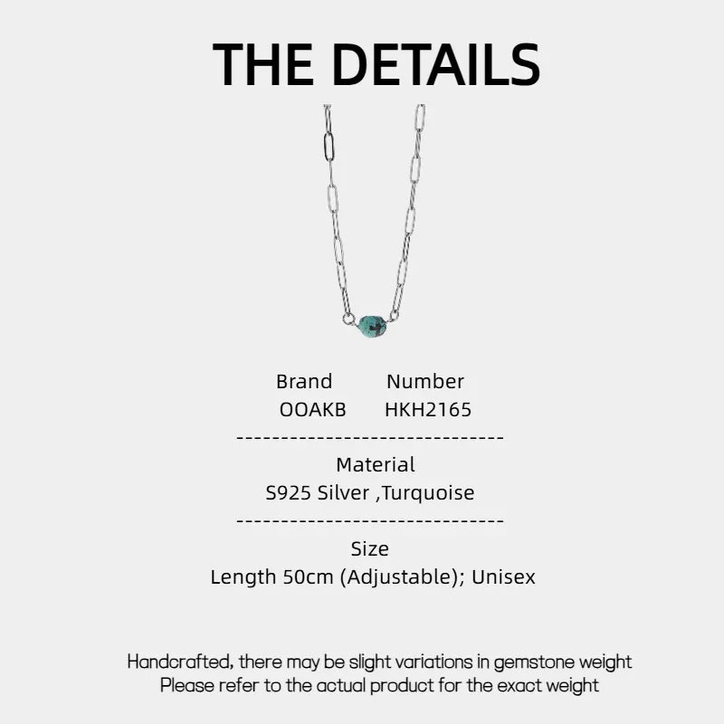 S925 Silver Turquoise Necklace Unisex - OOAKB