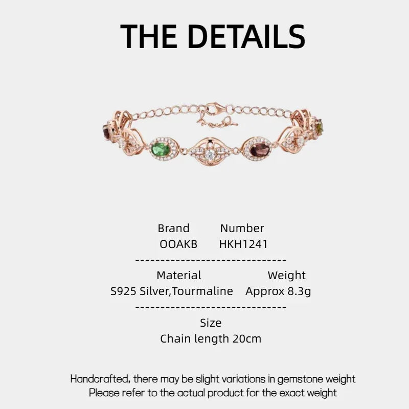 Rose Gold Tourmaline Bracelet S925 Silver Women's Style - OOAKB