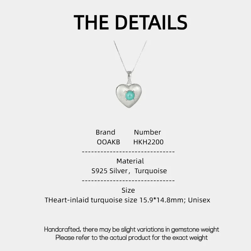 Silver Heart-Inlaid Turquoise Necklace Unisex - OOAKB