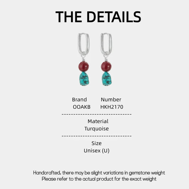 S925 Silver Turquoise & Red Bead Dangle Earrings - OOAKB