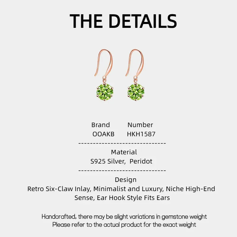 Natural Peridot Retro Six-Claw Luxury Silver Ear Hooks - OOAKB