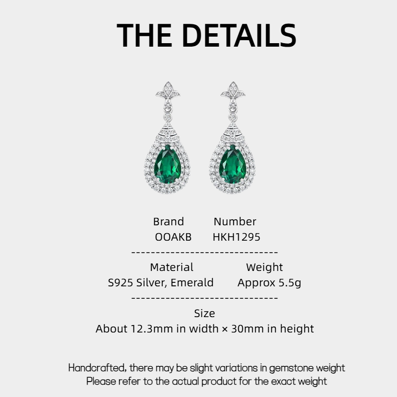 Emerald Large Teardrop Retro Stud Earrings S925 Silver Women's Style