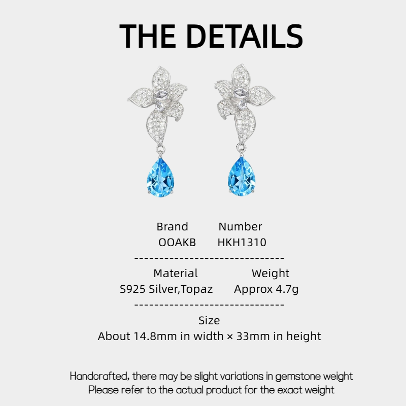 Topaz Blue Star Flower Earrings S925 Silver Women's Style