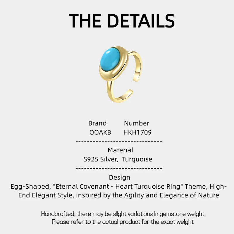 Turquoise Egg-Shaped S925 Silver Open Ring - OOAKB