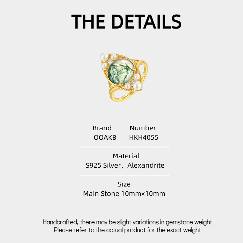 Pearl Trimmed Diamond Shape Moss Agate Open Ring