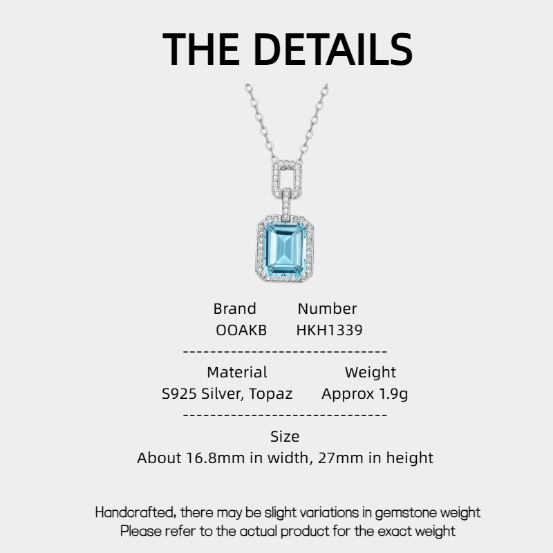 Natural Topaz Small Square Necklace S925 Silver Women's Style