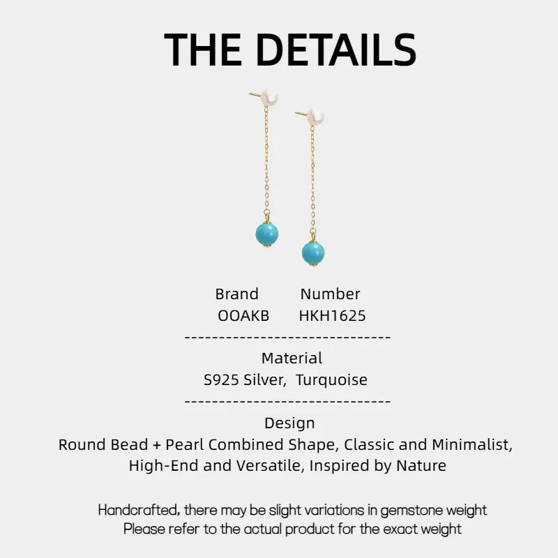 Natural Turquoise Round Bead Pearl Long Luxury Earrings - OOAKB