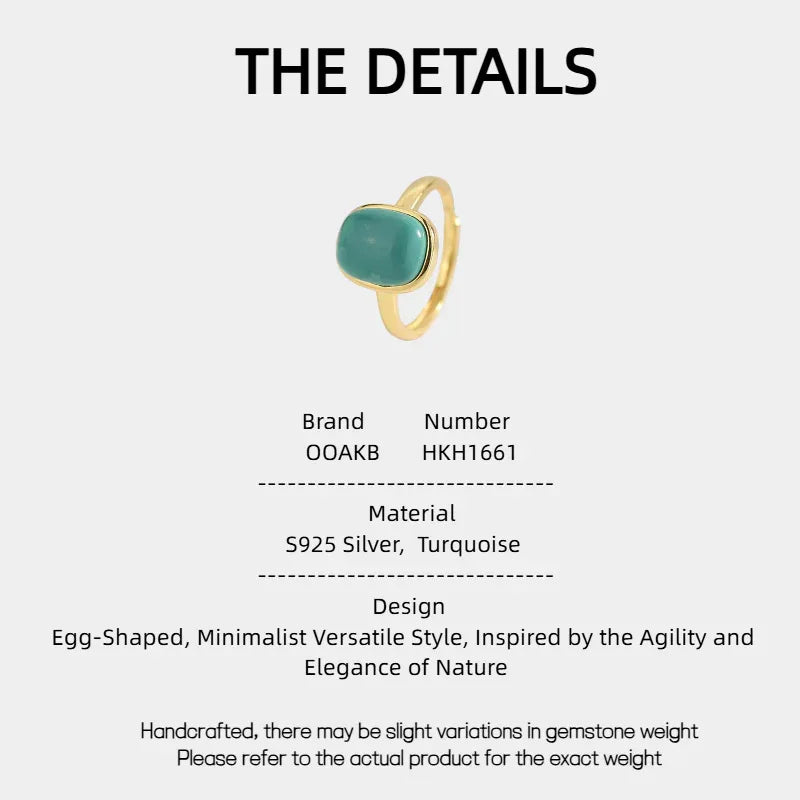 Turquoise Egg-Shaped S925 Silver Open Ring - OOAKB