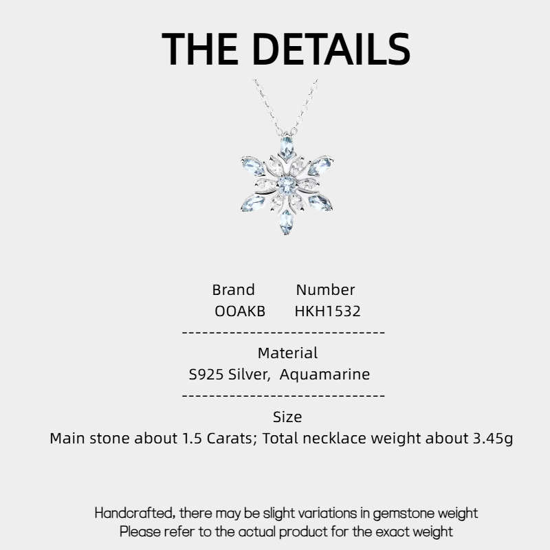 Aquamarine Snowflake Necklace S925 Silver