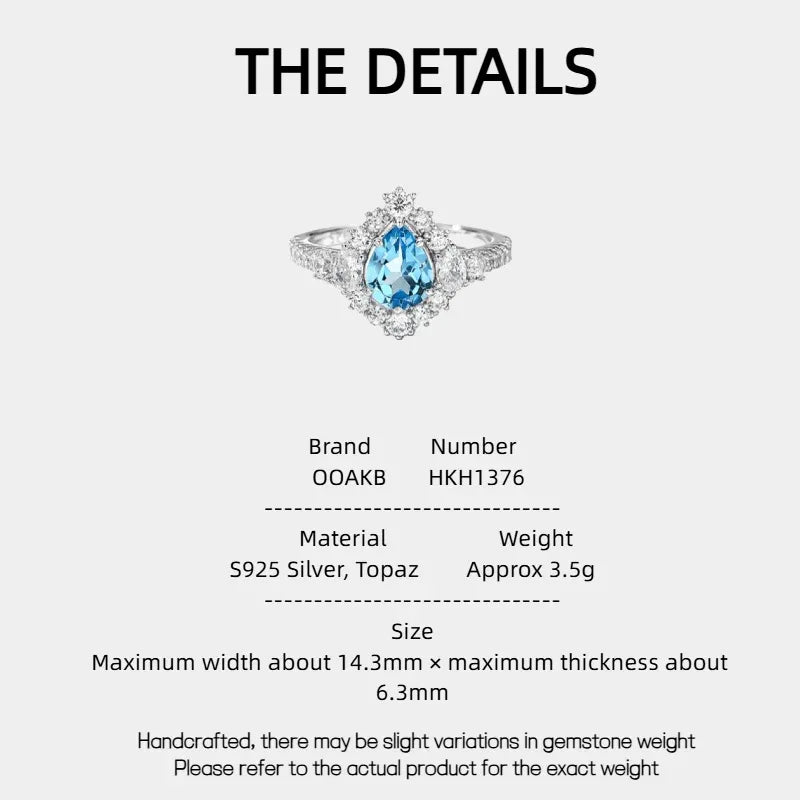 Natural Topaz Ice Blue Small Water Drop Ring Women's Style - OOAKB