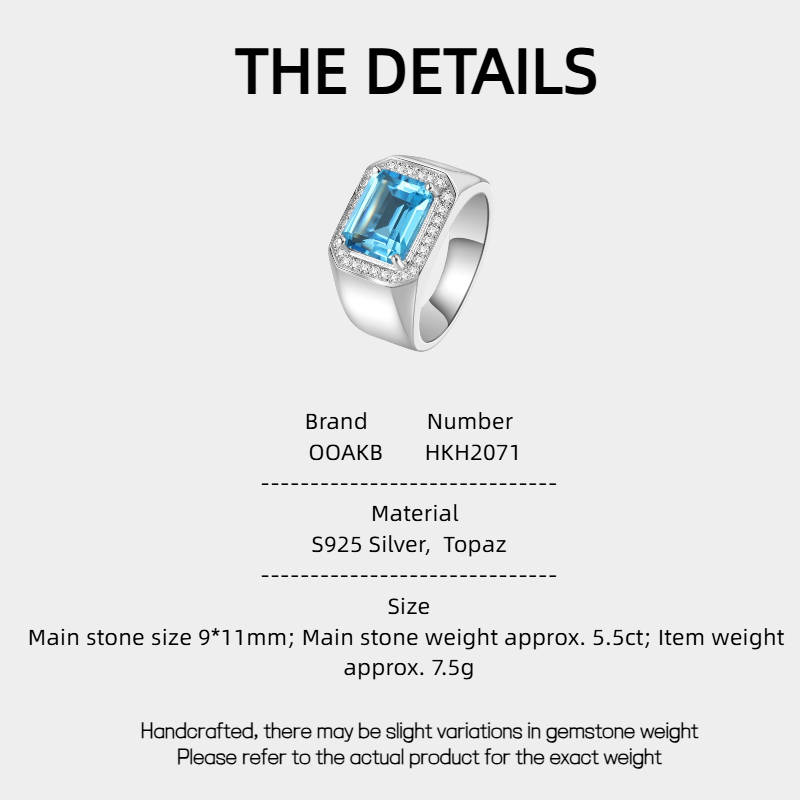 Silver Topaz Men's Ring Inlaid Zircons 5.5ct 9*11mm