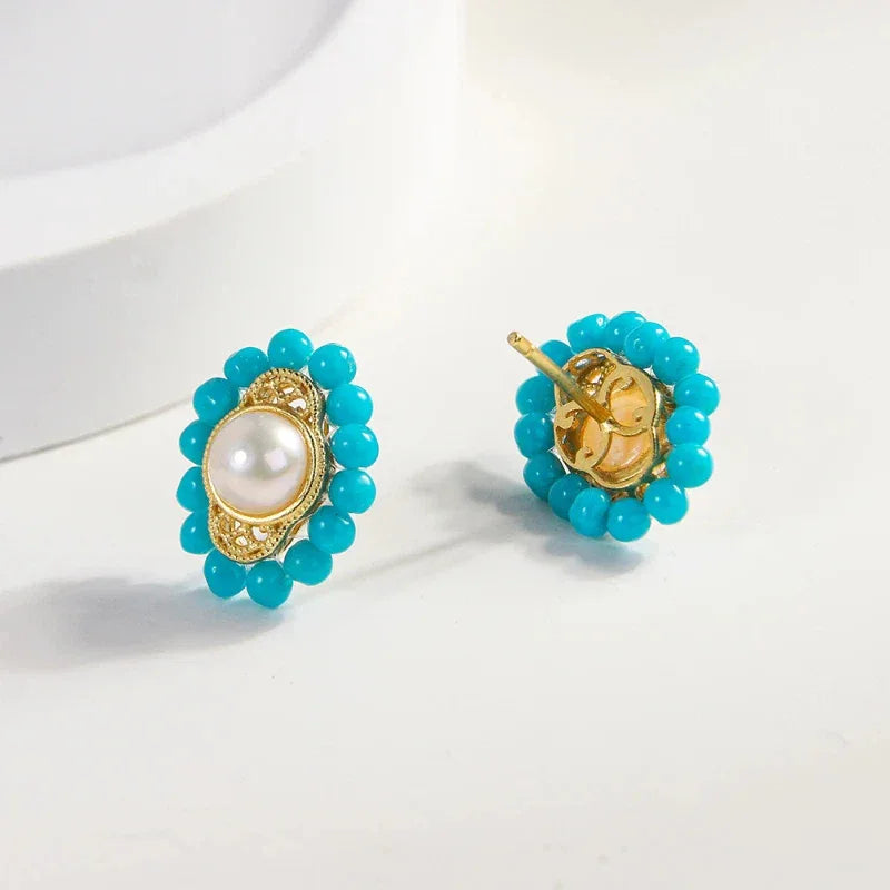 American Turquoise Seed Pearl Earrings - OOAKB