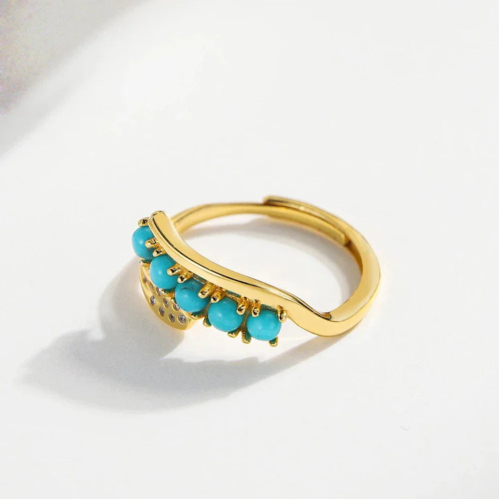 Natural Turquoise Bamboo Leaf Row Luxury Ring - OOAKB