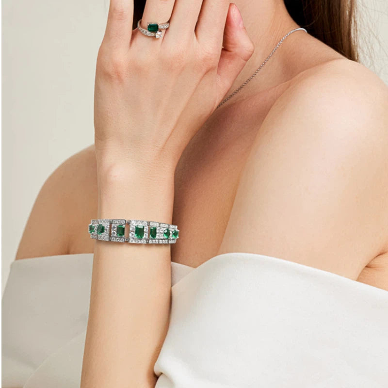 Emerald Emerald-Cut Full-Diamond Bracelet S925 Silver Women's Style