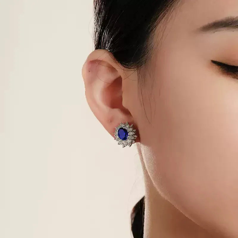 Cornflower Sapphire S925 Silver Rhodium-Plated Surround Earrings - OOAKB