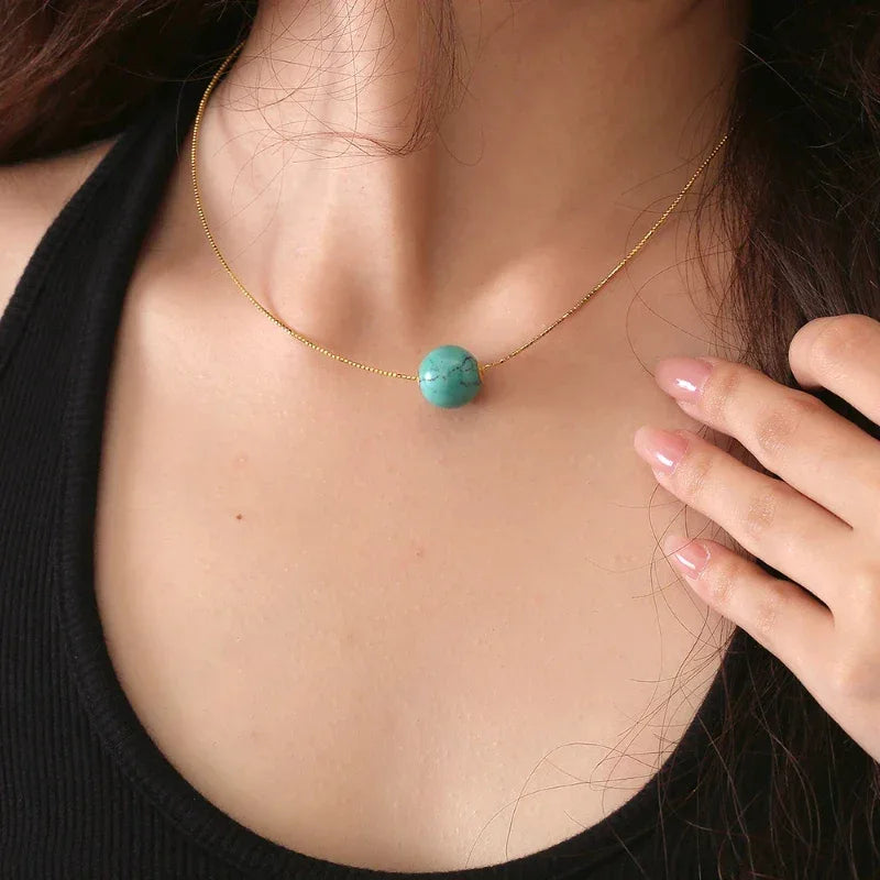 S925 Silver Plated 18K Gold Turquoise Round Bead DIY Necklace - OOAKB