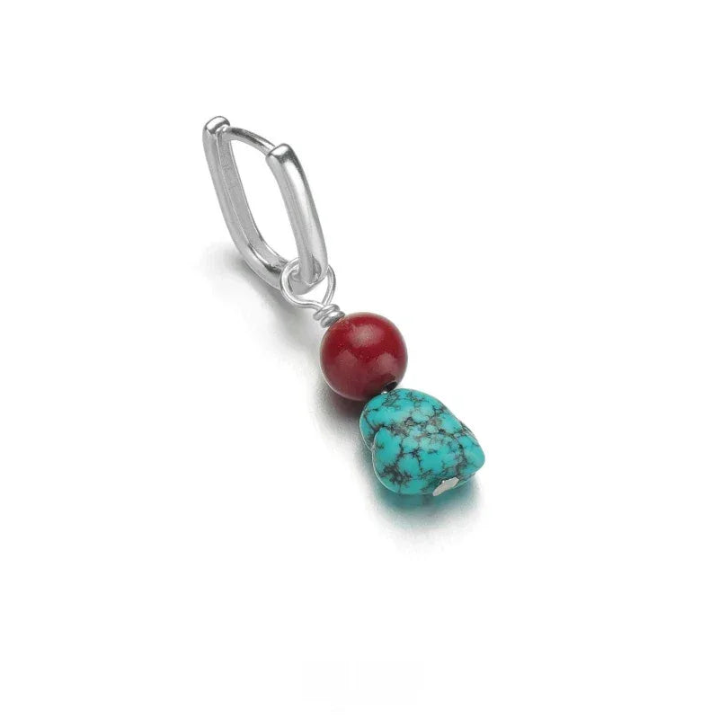 S925 Silver Turquoise & Red Bead Dangle Earrings - OOAKB