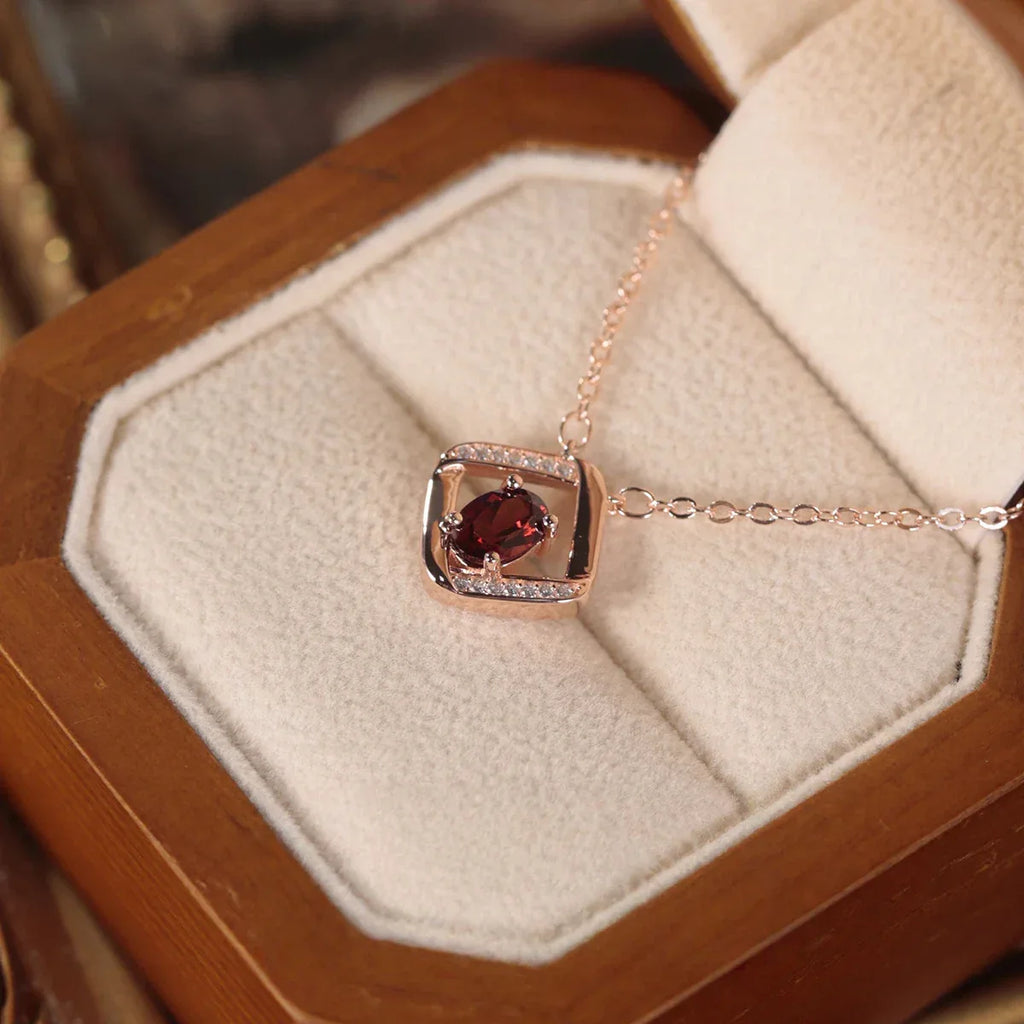 Garnet S925 Silver Square Frame Collarbone Chain - OOAKB
