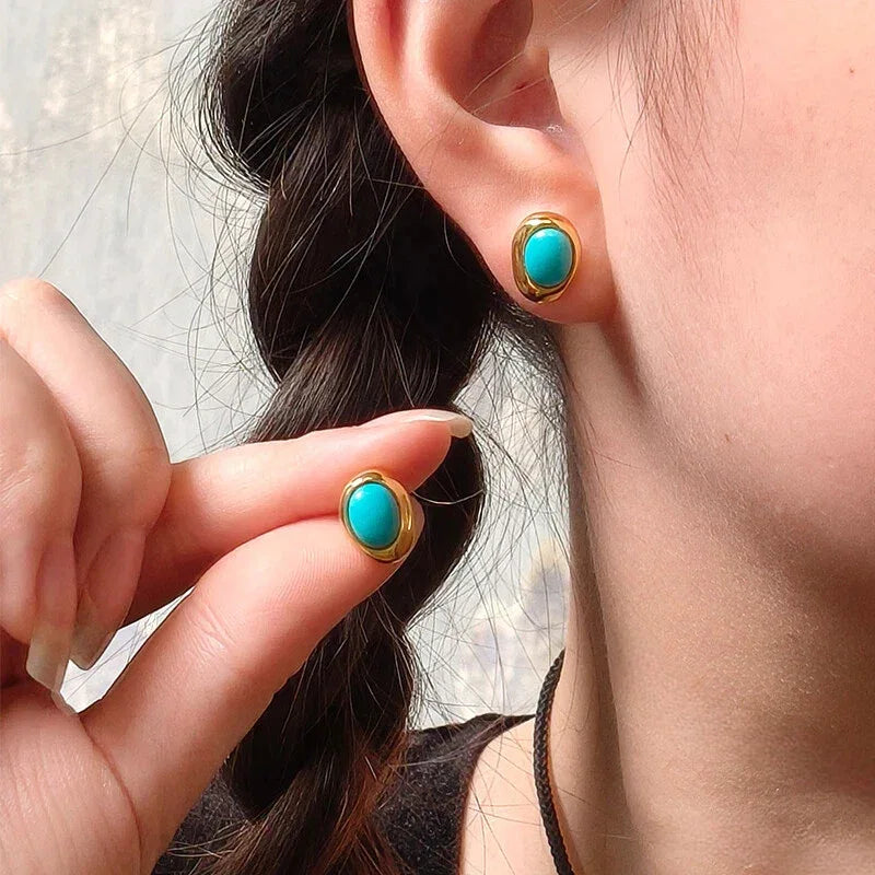 Natural Turquoise Egg-Shaped Luxury Earrings - OOAKB