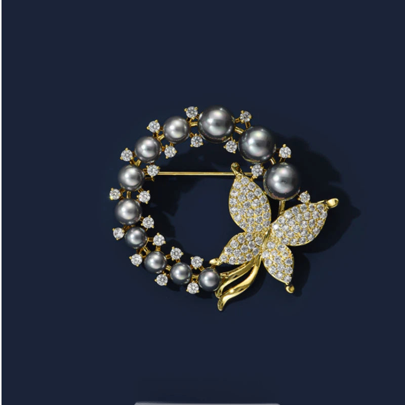 Chanel-Style Black Pearl Butterfly Light Luxury Brooch