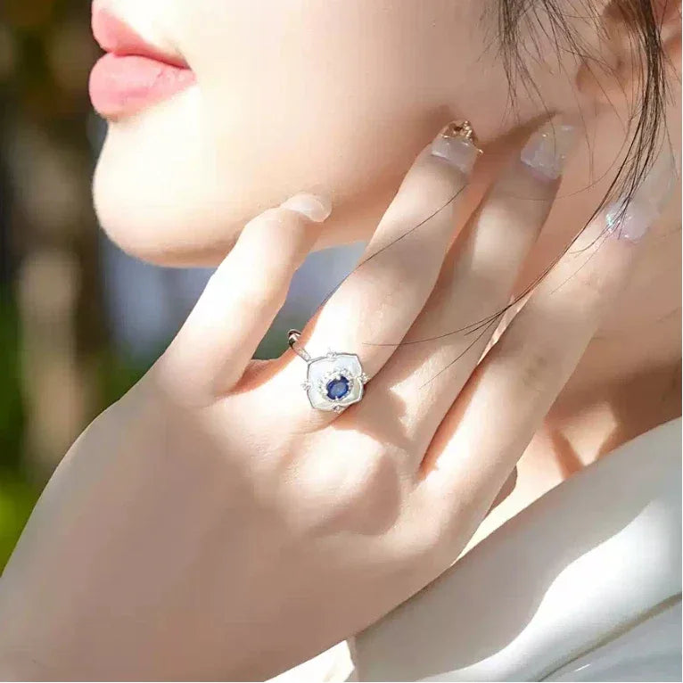 Sapphire S925 Silver Diamond Border Adjustable Ring - OOAKB
