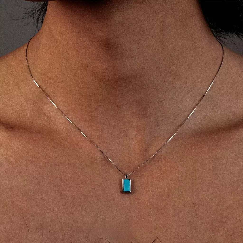 Silver Square Turquoise Pendant Necklace - OOAKB