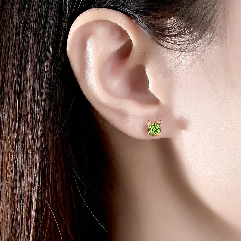 Natural Peridot Cat Luxury Silver Earrings - OOAKB
