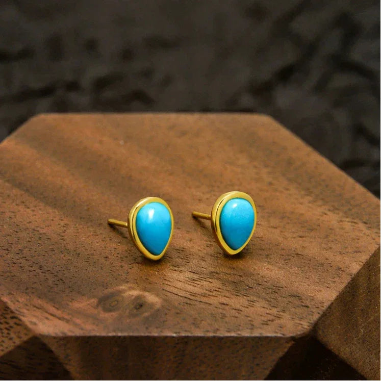 S925 Silver Natural American Turquoise Teardrop Earrings - OOAKB